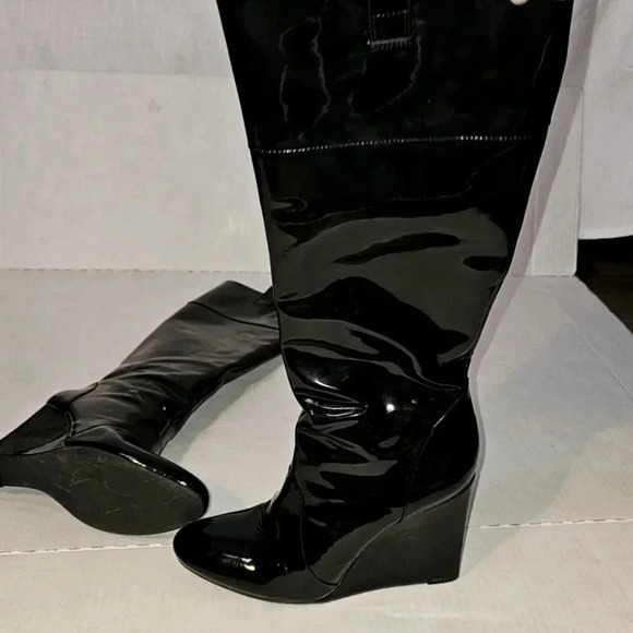J Vincent Patent Leather Hidden Wedge Black Grunge,Goth Knee High Boots SZ 9M - Picture 2 of 12